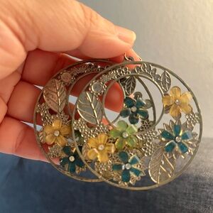 Floral Filigree Hoop Earrings in Yellow, Teal & Green